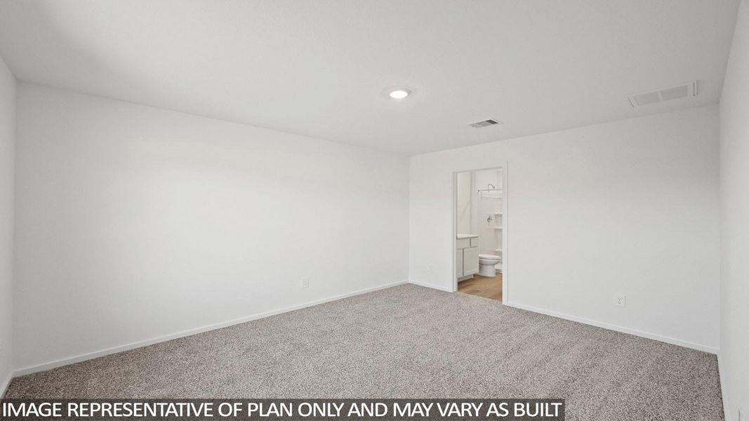 Unfurnished bedroom with light carpet and ensuite bathroom