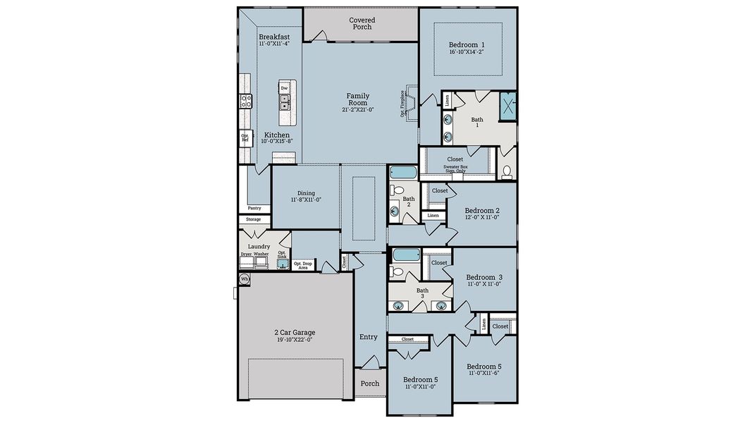 2D floor plan layout for the Magnolia by D.R. Horton in Breakfast Point East Phase II, Panama City Beach, FL (Image 3).