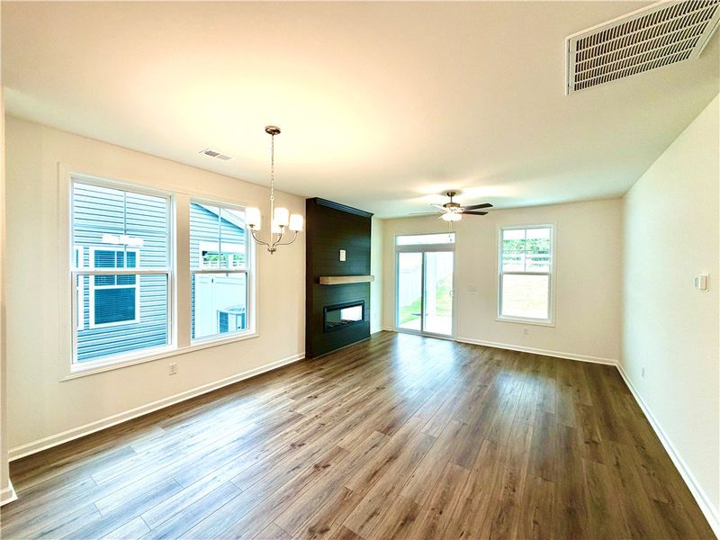 An inviting fireplace serves as the focal point in