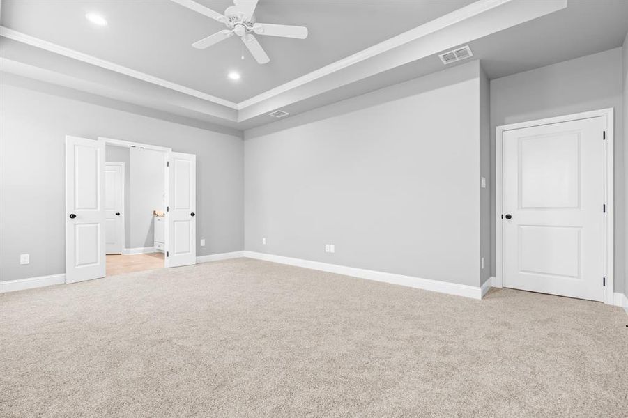 Primary Bedroom featuring a tray ceiling, baseboards, ornamental molding. Primary Bedroom featuring a tray ceiling, baseboards, ornamental molding.