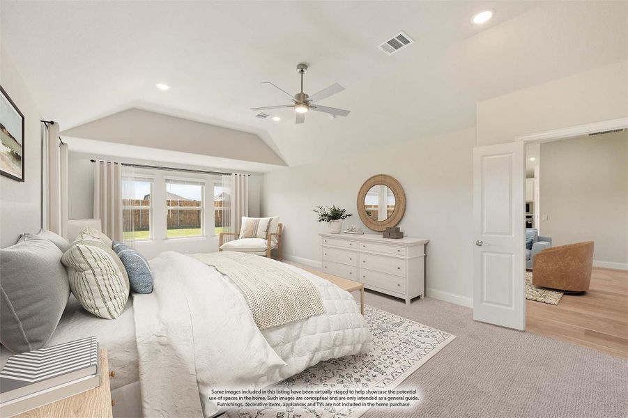 Spacious master bedroom with vaulted ceiling, ceiling fan, white dresser, and carpet flooring Spacious master bedroom with vaulted ceiling, ceiling fan, white dresser, and carpet flooring