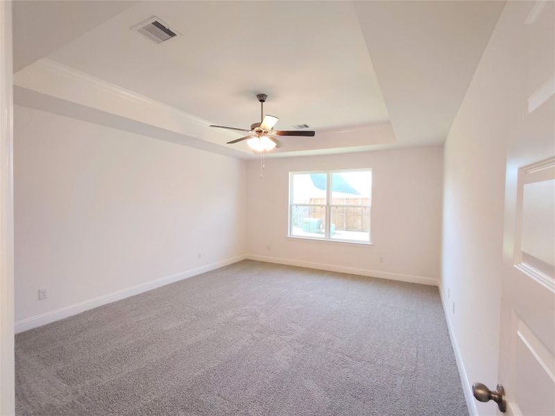 Primary Bedroom with Trey Ceiling and Crown Molding Primary Bedroom with Trey Ceiling and Crown Molding