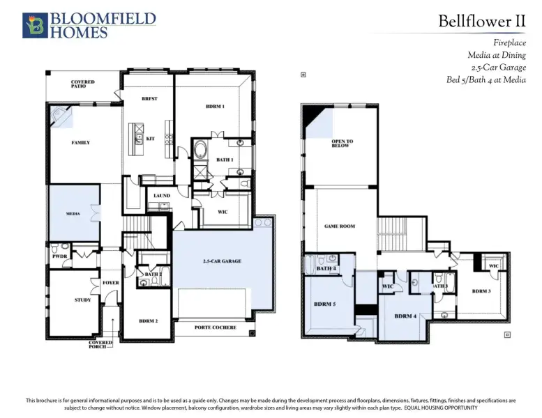 Bloomfield Homes Bellflower II two-story floor plan with 5 bedrooms, 4 bathrooms, media room, and 2.5-car garage.