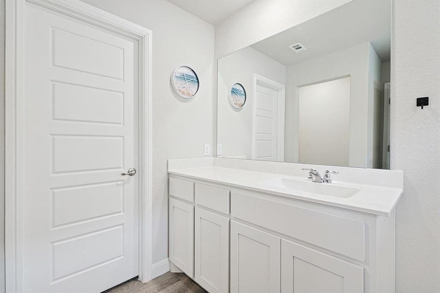 Bathroom with wood finished floors, vanity, and visible vents