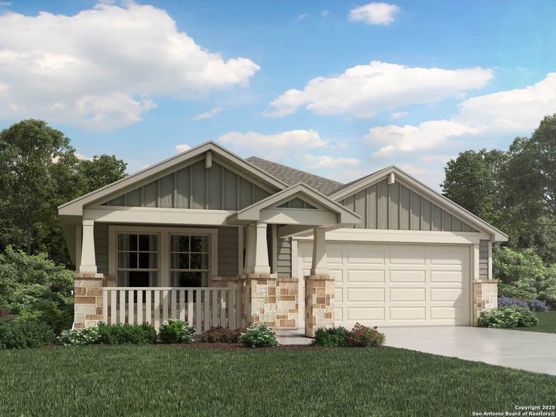 Front exterior of a new home in Estancia Ranch - Premier Series, San Antonio, TX, highlighting curb appeal (Image 1).