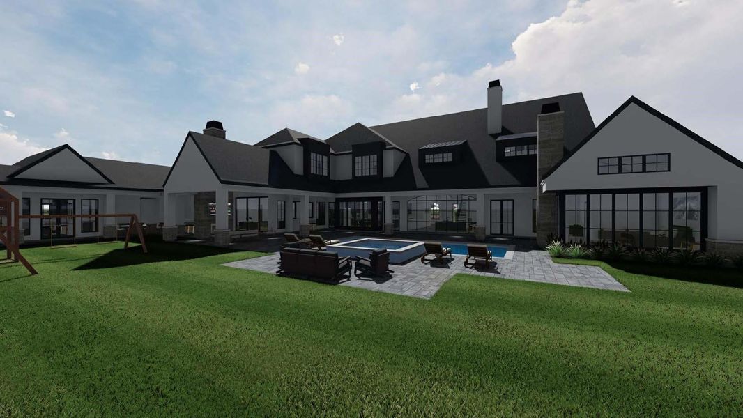 Rendering of rear elevation with rendering of future pool. Rendering of rear elevation with rendering of future pool.