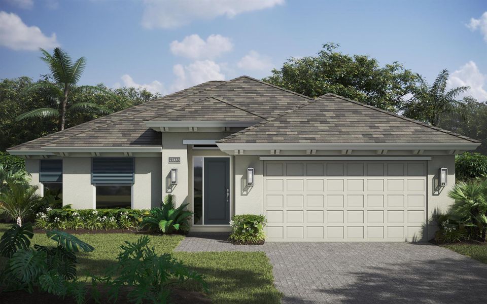 Front exterior of a new home in High Pointe, Vero Beach, FL, highlighting curb appeal (Image 1).
