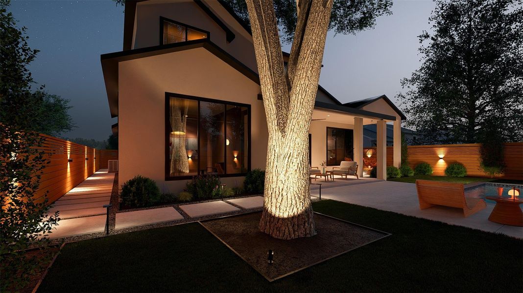 Illuminated exterior showcases a private patio and inviting pool, perfect for twilight entertaining.