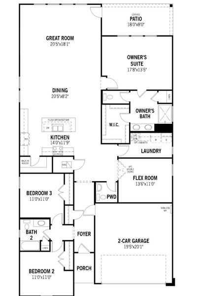 2D floor plan layout for the Kiara by Mattamy Homes in Arbors at Legacy Hills, Celina, TX (Image 3). 2D floor plan layout for the Kiara by Mattamy Homes in Arbors at Legacy Hills, Celina, TX (Image 3).