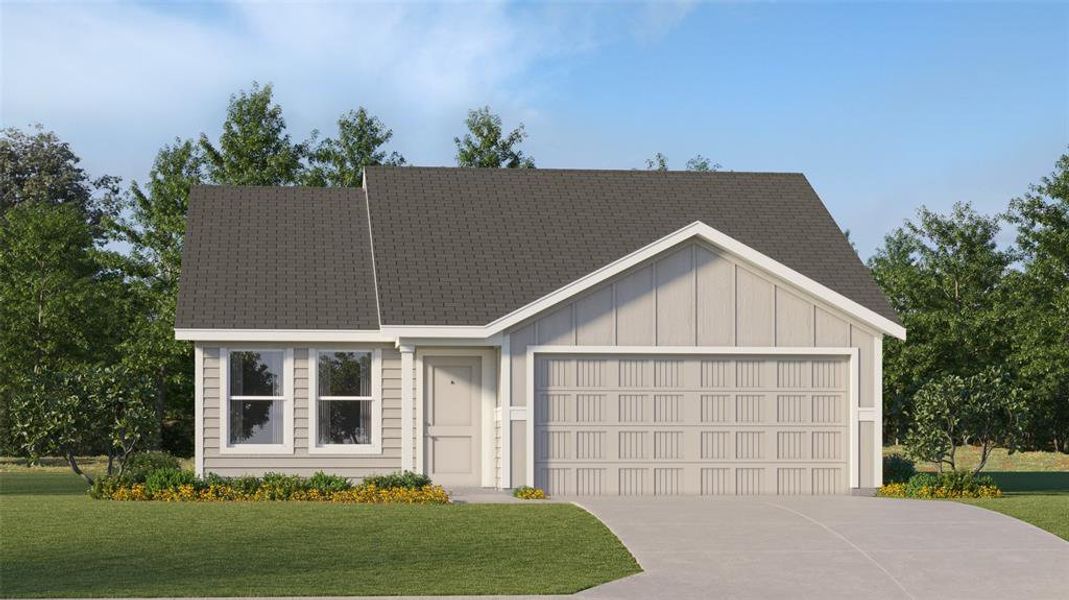 View of front of house featuring a garage and a front lawn