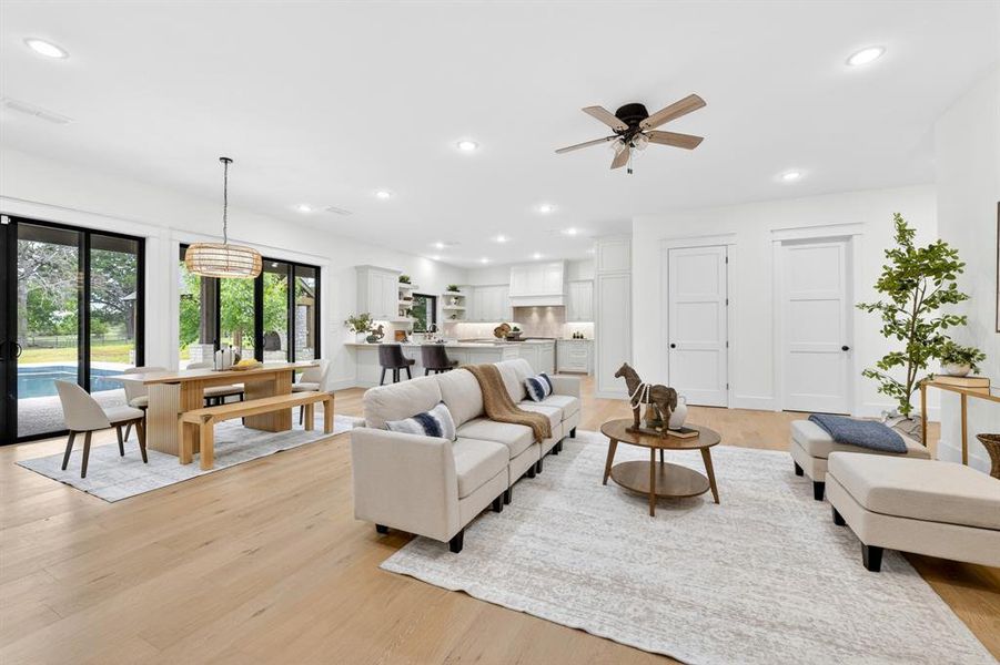 So open and light with fresh white paint and many recessed lights .  Just beautiful!