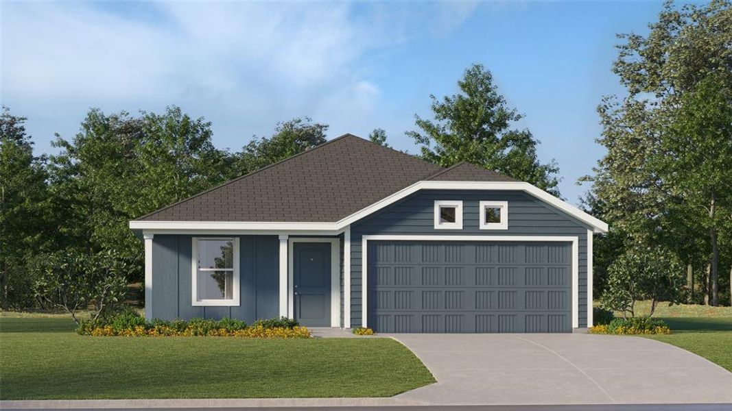 Contemporary single-story residence featuring a dark blue exterior siding, white trim accents, and a dark shingle roof Contemporary single-story residence featuring a dark blue exterior siding, white trim accents, and a dark shingle roof