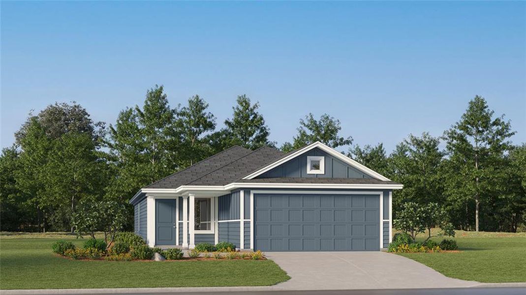 View of front of home with a front lawn, board and batten siding, driveway, and an attached garage View of front of home with a front lawn, board and batten siding, driveway, and an attached garage