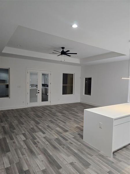 Unfurnished living room with light hardwood / wood-style floors, a raised ceiling, and ceiling fan