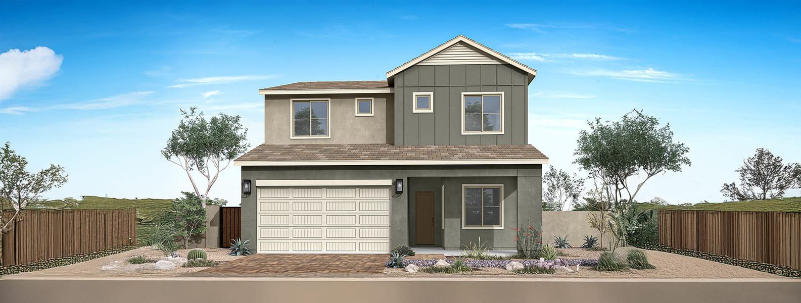 Representative exterior photo of a completed home built from the Tipton Plan 3507 by Tri Pointe Homes in Soleo, San Tan Valley, AZ (Image 2). Representative exterior photo of a completed home built from the Tipton Plan 3507 by Tri Pointe Homes in Soleo, San Tan Valley, AZ (Image 2).