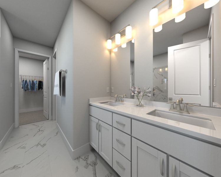 The primary bedroom offers dual vanity sinks and a walk-in shower. The primary bedroom offers dual vanity sinks and a walk-in shower.