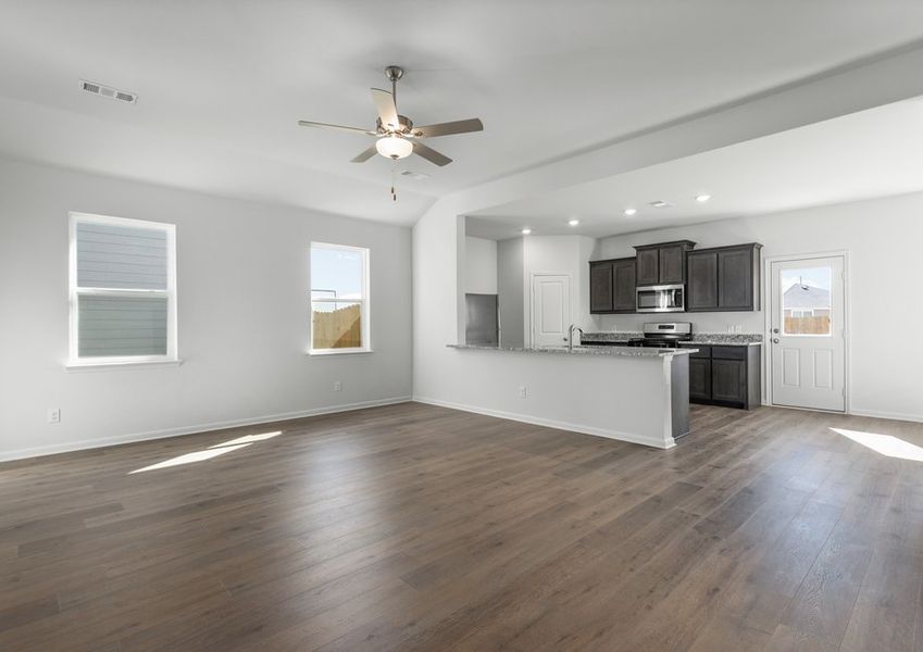 The family room of the Reed is spacious and has large windows.