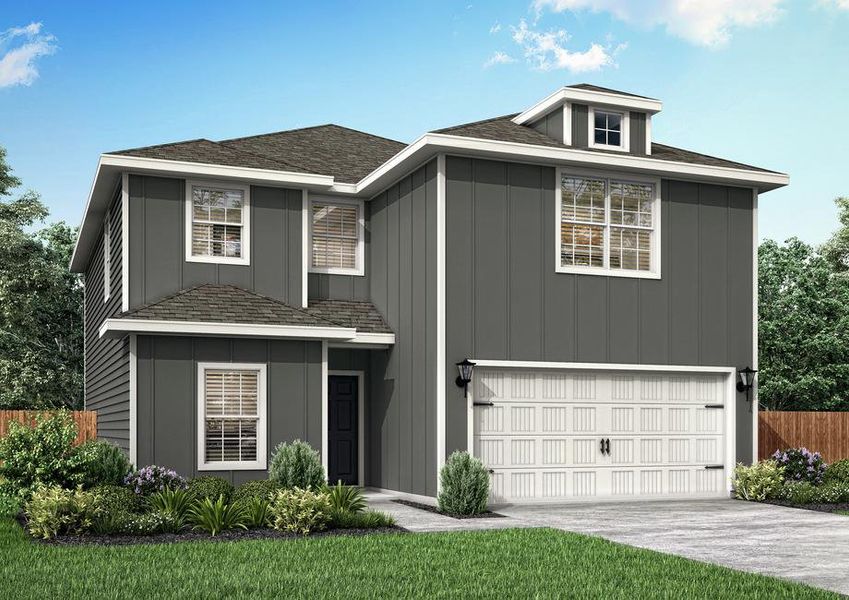 The Driftwood has a beautiful, dark gray siding exterior.