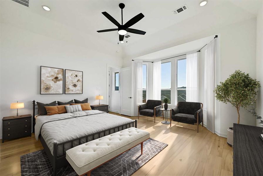 Bedroom featuring light wood-style flooring, recessed lighting, and a ceiling fan