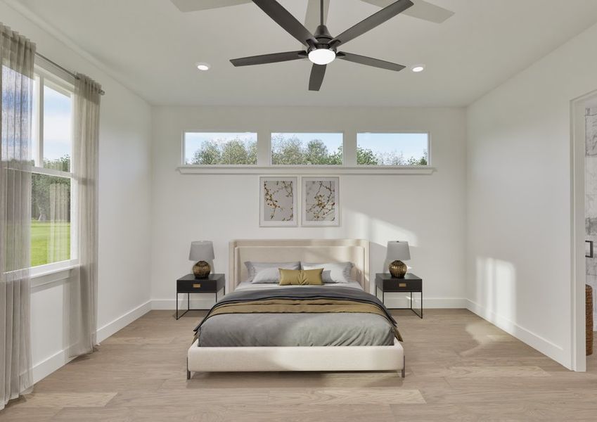 Modern bedroom with a neutral palette, featuring a bed with gray and beige linens, side tables with lamps, a ceiling fan, and large windows for natural light.