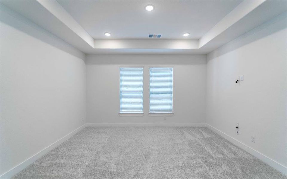 Spacious room featuring a tray ceiling with recessed lighting, two windows with blinds, light-colored carpeting, and white baseboards