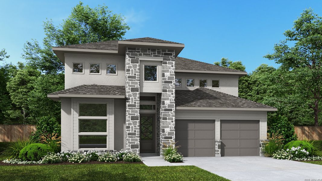 Front exterior of a new home in Hidden Canyon, San Antonio, TX, highlighting curb appeal (Image 1). Front exterior of a new home in Hidden Canyon, San Antonio, TX, highlighting curb appeal (Image 1).