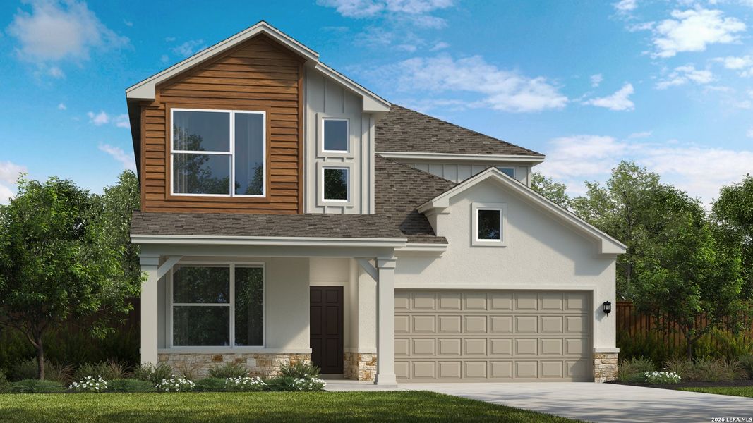Front exterior of a new home in Mayfair, New Braunfels, TX, highlighting curb appeal (Image 1). Front exterior of a new home in Mayfair, New Braunfels, TX, highlighting curb appeal (Image 1).