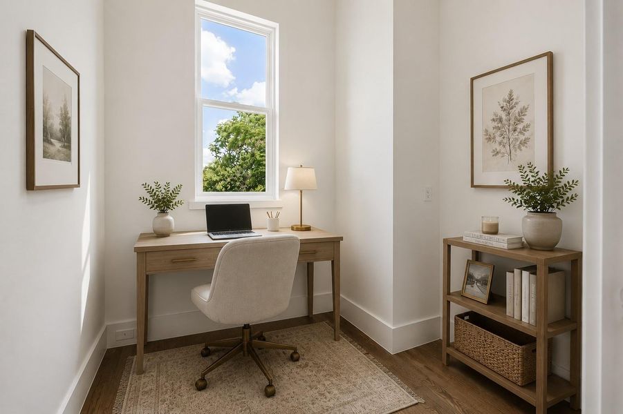 Versatile flex room ideal for a home office, study and more. A digitally staged image.