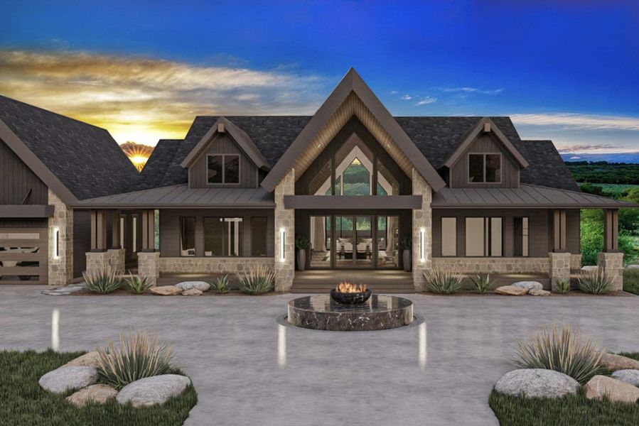 Back of house at dusk featuring stone siding, curved driveway, and covered porch Back of house at dusk featuring stone siding, curved driveway, and covered porch