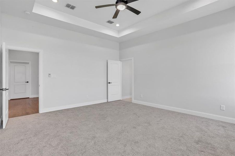 Carpeted spare room featuring ceiling fan and a tray ceiling