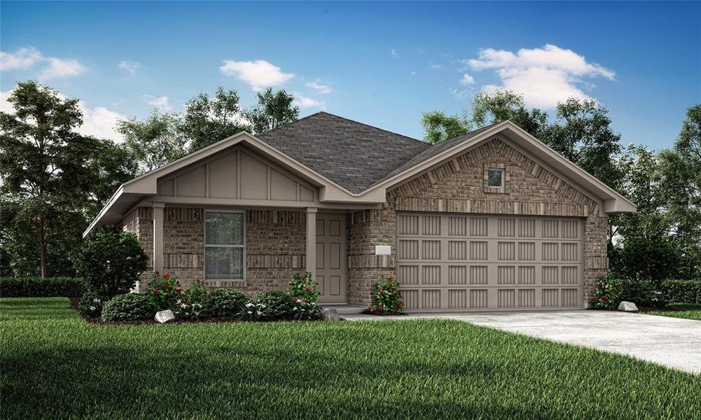 View of front of home with a garage and a front yard