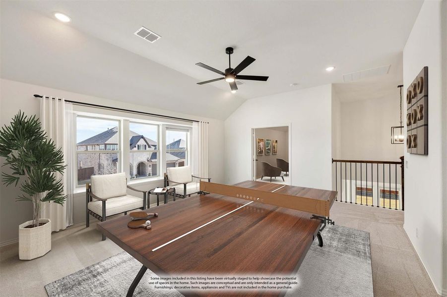 Game room with ping pong table, vaulted ceiling, ceiling fan, and seating area near large windows