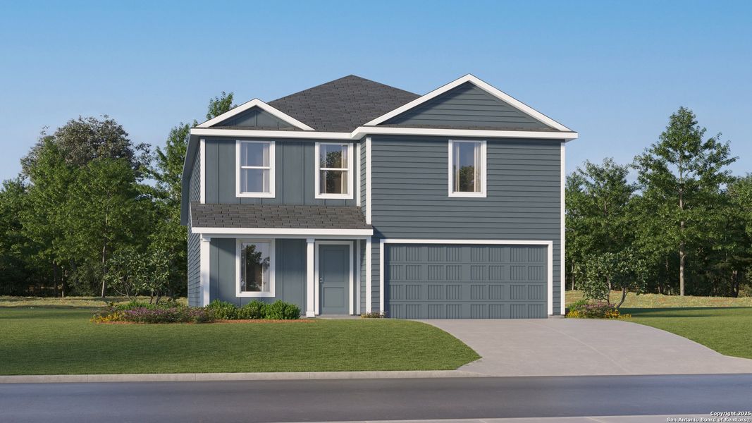 Front exterior of a new home in Sky Ranch: Watermill Collection, New Braunfels, TX, highlighting curb appeal (Image 2).