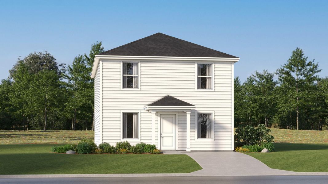 View of front facade featuring a front yard and roof with shingles View of front facade featuring a front yard and roof with shingles