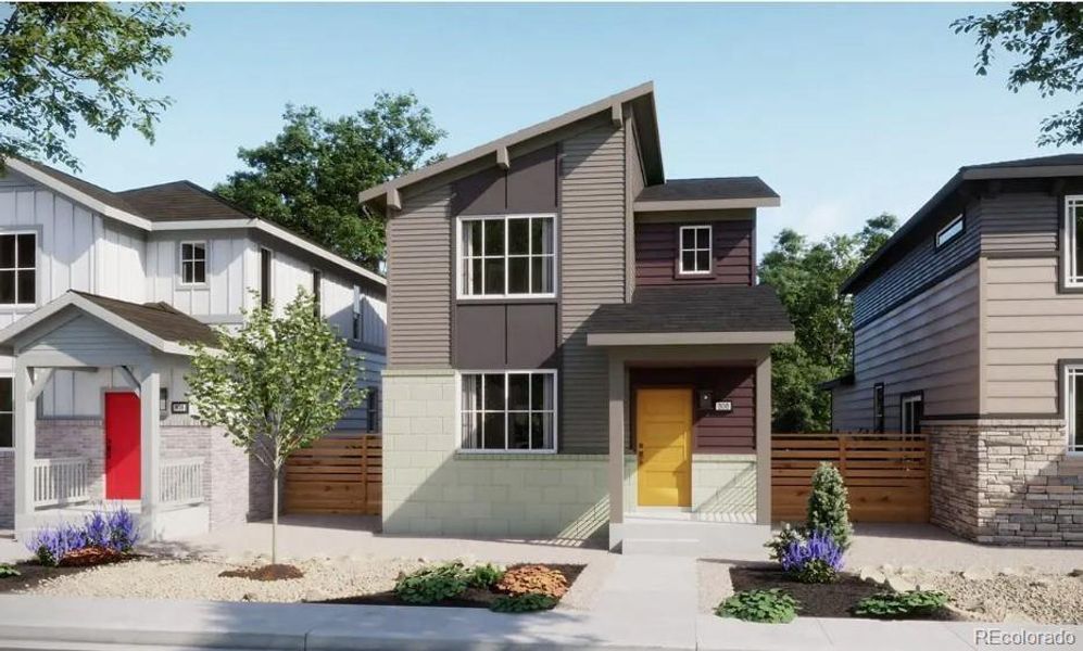 Front exterior of a new home in The Casitas Collection at Windler, Aurora, CO, highlighting curb appeal (Image 1). Front exterior of a new home in The Casitas Collection at Windler, Aurora, CO, highlighting curb appeal (Image 1).