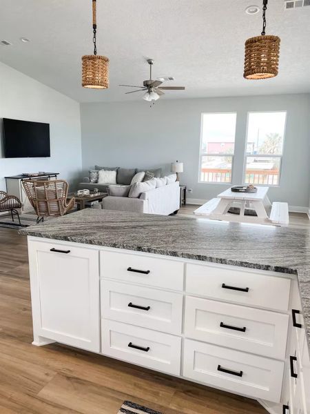 Kitchen into living area
