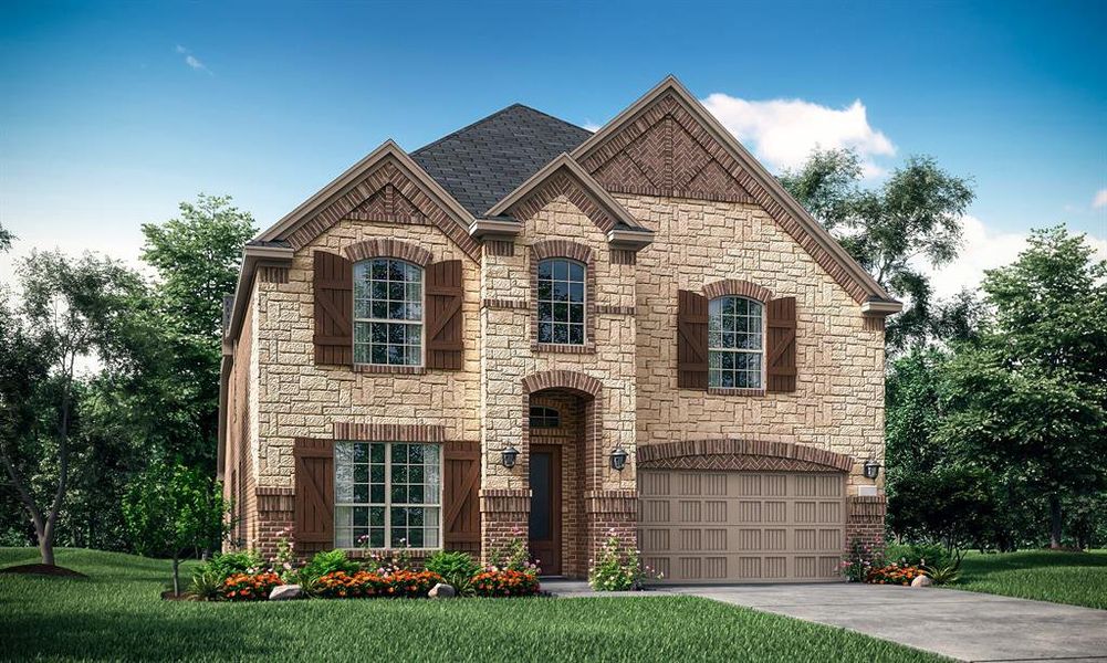 View of front of property with a front lawn and a garage