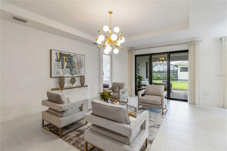 Living Space with Tray Ceiling and custom lighting.  Motorized Blinds