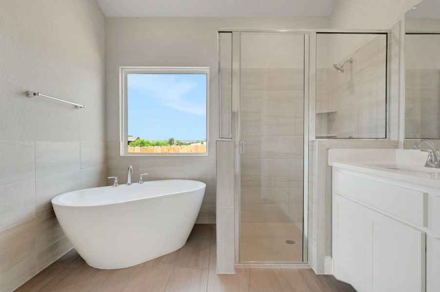 Full bath featuring a shower stall, a freestanding bath, vanity, and tile walls Full bath featuring a shower stall, a freestanding bath, vanity, and tile walls