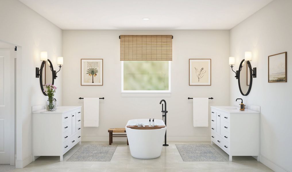 Primary bath with dual vanities and freestanding tub Primary bath with dual vanities and freestanding tub