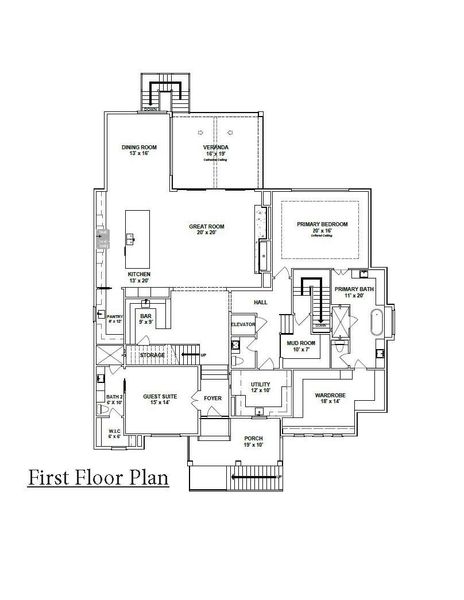 A view of the first floor plan shows the game room with closet and snack bar, open hall and staircase leading to three additional bedrooms, each with it's own bath and walk-in closets.