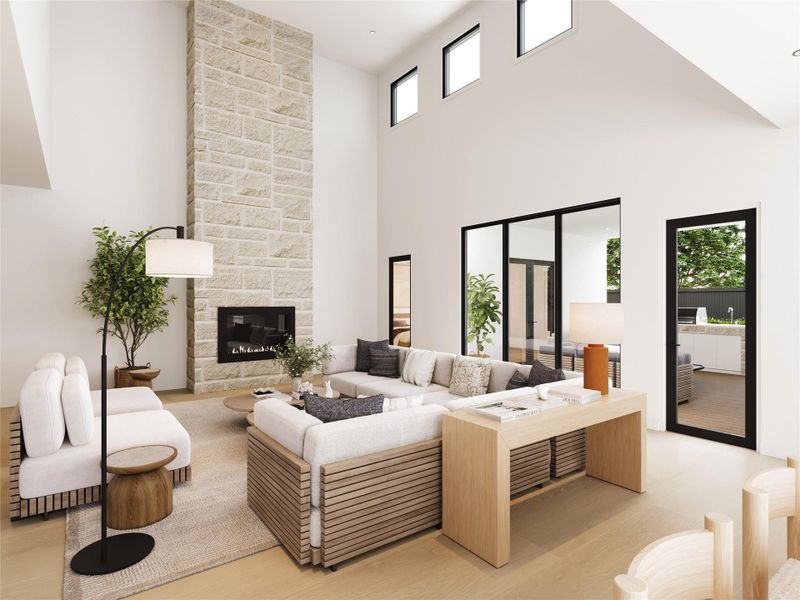 Imagine gathering in a stunning two-story living room highlighted by soaring ceilings, oversized windows, a dramatic floor-to-ceiling stone fireplace, and seamless indoor-outdoor connectivity.