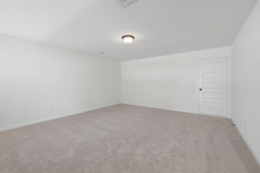 Spacious room featuring light gray carpeting, white painted walls, a flush-mount ceiling light fixture, and a five-panel interior door with black hardware