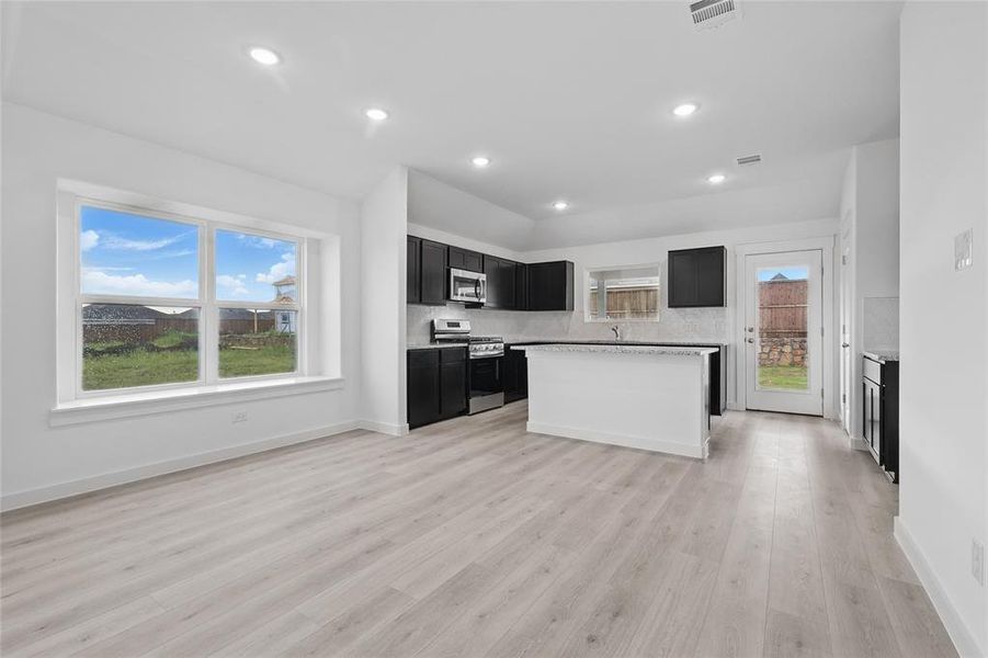 Kitchen featuring dark cabinets, stainless steel appliances, recessed lighting, light wood-style floors, and a kitchen island