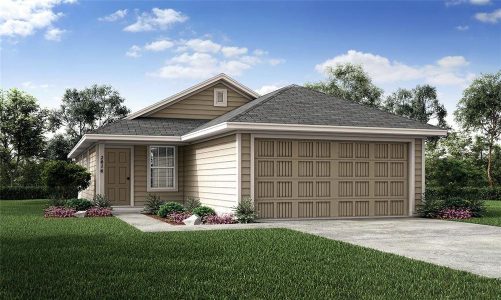 View of front facade with a front yard and a garage