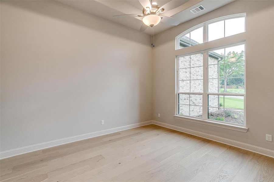 Unfurnished room with a wealth of natural light, ceiling fan, and light hardwood / wood-style floors