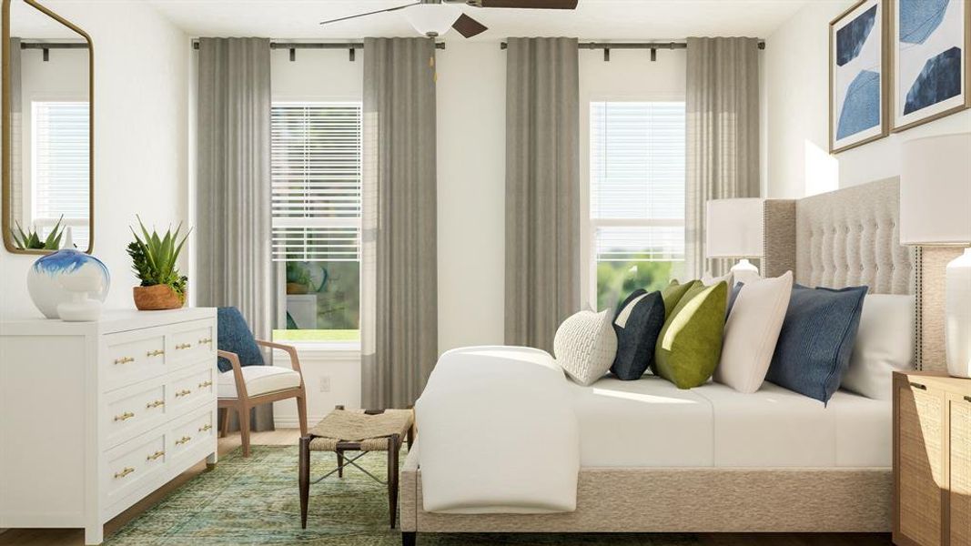 Bedroom with multiple windows, ceiling fan, and wood-type flooring