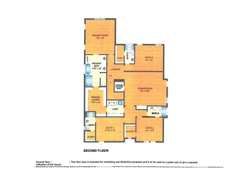 SECOND FLOOR - This floorplan is intended for marketing and illustrative purposes and is to be used as guide only to give a general indication of the second floor layout. Floorplan maybe subject to modification during construction.