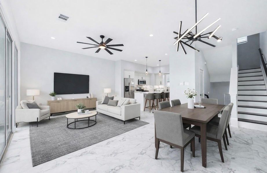 Virtually staged dining/living area Virtually staged dining/living area