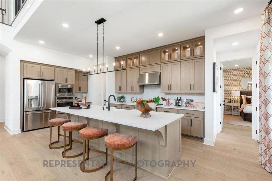 Kitchen with stainless steel appliances, a breakfast bar, decorative backsplash, pendant lighting, and light wood-style floors Kitchen with stainless steel appliances, a breakfast bar, decorative backsplash, pendant lighting, and light wood-style floors
